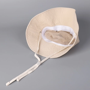 Beige quick-dry sun hat with wide brim, breathable mesh lining and adjustable wind cord