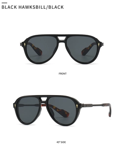 Front and 45-degree side views of black pilot sunglasses with tortoiseshell temple tips