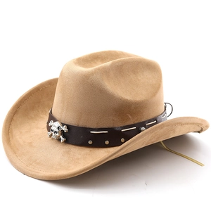 Camel suede cowboy hat with wide brim, brown leather band and silver skull accent
