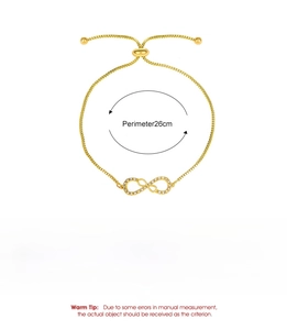 Detailed specs of the gold infinity symbol bracelet with zircon stones and brass material