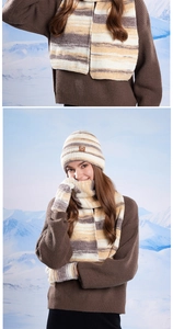 Détails du motif en tricot de l'ensemble bonnet, écharpe et gants en plein air