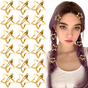 Detailed comparison of 3cm gold star metal clips on white background and model hair styling
