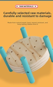 Detailed view of durable natural wood toy components with light blue support pillars