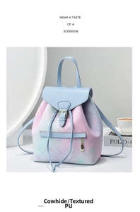 Detailed view of women's soft PU leather backpack with maple leaf pattern in a lifestyle setting