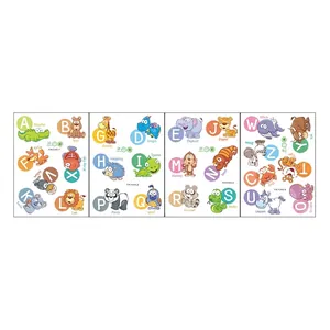 Detailed size chart showing four 29x40cm sheets of alphabet animal wall decals