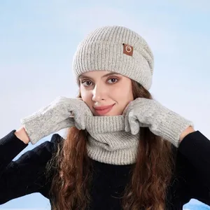 Winter 3-piece set with light grey ribbed knit hat, neck warmer, and gloves for outdoors
