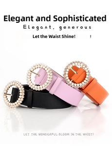 Three fashion leather belts for women with round faux pearl-encrusted metal buckles
