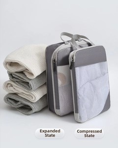 Travel compression bags showing expanded versus compressed state with mesh window