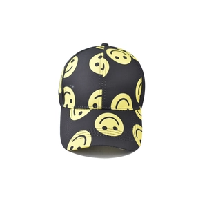 Close-up of black cotton baseball cap featuring vibrant yellow smiley face pattern embroidery