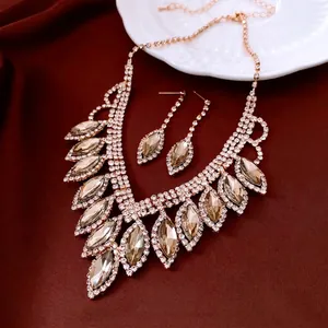 Elegant French style teardrop tassel necklace and earrings set with champagne crystals