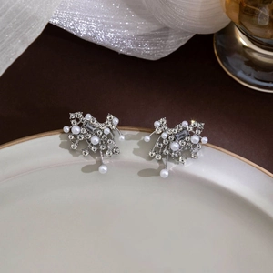 Irregular cloud pearl stud earrings with sparkling rhinestones and silver needle post
