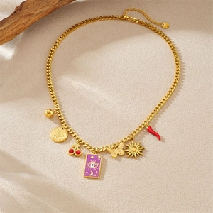 Gold Cuban chain necklace with cherry, evil eye, butterfly, and sun charm pendants