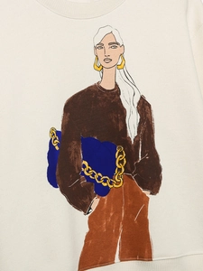 Detail of trendy female illustration print on off-white sweatshirt fabric