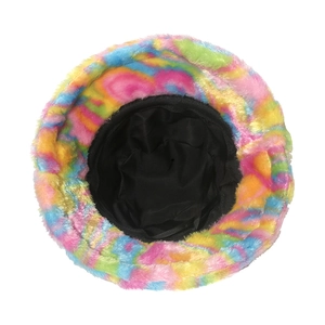 Detailed macro view of multi-color rainbow tie-dye faux fur hat with soft black inner lining