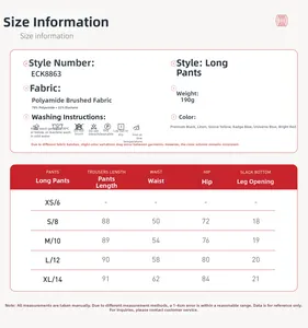 Detailed size chart for women's yoga pants with fabric specs and measurements