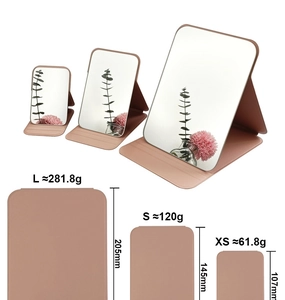 Three sizes of pink portable makeup mirrors with dimensions and weights for comparison