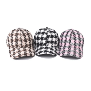 Classic thick houndstooth baseball caps in brown, black, and pink colors for winter