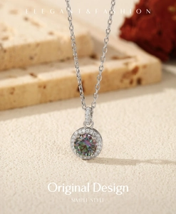Detailed macro view of S925 silver necklace with 1-carat rainbow moissanite pendant
