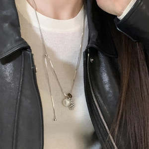 Tiger eye and pearl pendant necklace for women on a minimalist silver chain with ball charms