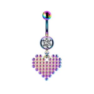 Detailed view of rainbow metallic belly button ring with sparkling crystal heart pendant