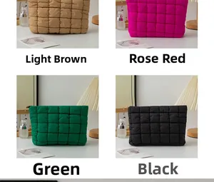 Quilted nylon makeup bag set in brown, rose red, green and black with a soft puffer texture