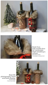 Handmade Christmas wine bottle covers with tweed fabric, faux fur collars and wood buttons