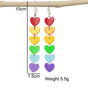 Rainbow gradient acrylic heart drop earrings featuring six colorful dangling hearts