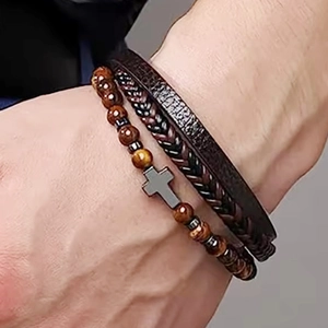 Bracelet pour hommes en cuir avec perles d'oeil de tigre et pendentif croix noire