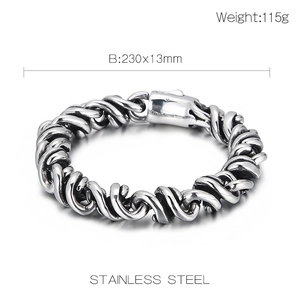 Close-up of polished stainless steel men's curb chain bracelet with weight and size details
