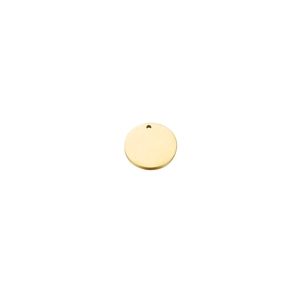 Close-up of a 2mm thick golden stainless steel round tag with polished mirror finish