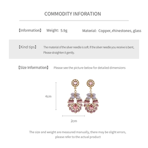 Detailed specs of round pink glass earrings with rhinestones and copper material details