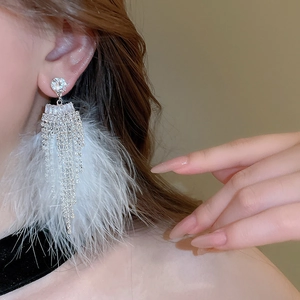 Detail of silver drop earrings featuring sparkling rhinestones and delicate white feathers