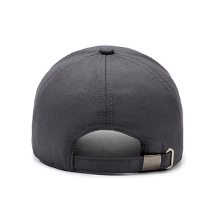 Rear view of dark grey men's baseball cap with adjustable strap and metal buckle