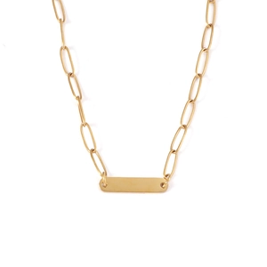 Close-up of golden bar pendant on paperclip link chain necklace with polished metal finish