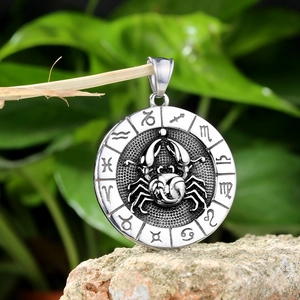 Macro shot of silver stainless steel zodiac pendant with crab pattern on a textured rock