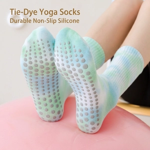 Tie-Dye Women Yoga Socks Non-Slip Silicone Grip Cotton Blend Pilates Athletic Mid-Calf Crew Sporty Breathable Soft