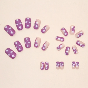 Sweet purple flower press-on nails set with long coffin shape and nude lilac floral patterns