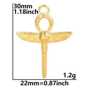 Golden Egyptian Ankh pendant with scarab and wings, measuring 30mm height and 1.2g weight