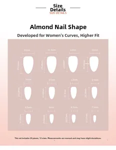 Size chart for almond press-on nails showing 12 different widths and lengths in mm