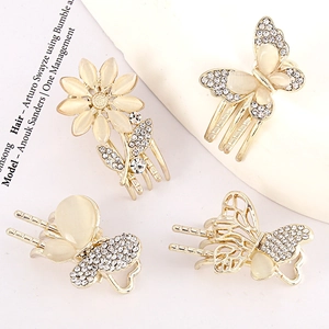 Elegant 4-piece set of gold butterfly and daisy hair clips with cat eye stones and rhinestones