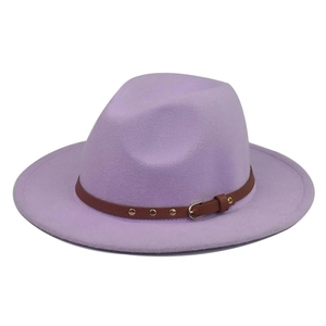 Close-up of lavender wool fedora hat with brown leather belt strap and gold buckle