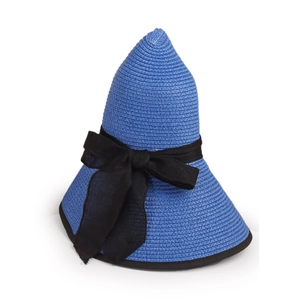 Detailed view of a bright blue straw sun hat with a decorative black ribbon bow detail