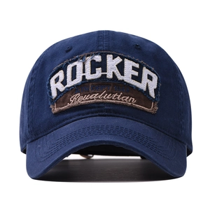 Casquette de camionneur en coton bleu foncé rétro avec broderie Rocker vintage