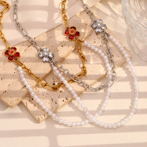 Double Layer Necklace Stainless Steel 18K Gold Plated Imitation Artificial Pearl Flower Pendant Irregular Chain Fashion Jewelry For Women