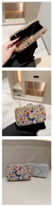 Detailed views of sparkling rhinestone evening clutch bags with gold metal chains