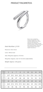 Size chart showing inner diameter and circumference for S925 silver geometric open ring