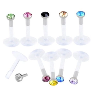 Colorful crystal acrylic labret stud set featuring transparent stems on white background