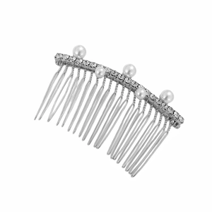 Elegant bridal hair comb with white pearls and sparkling rhinestones on silver alloy