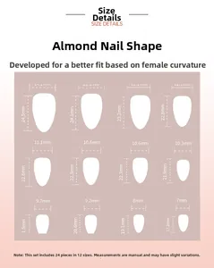 Size guide chart for 24pcs 3D flower almond press-on nails with 12 various dimensions