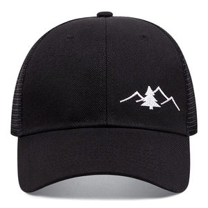 Mesh trucker hat with mountain pine embroidery and breathable back in black finish